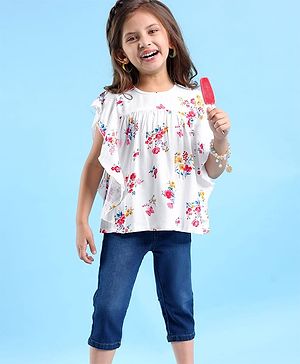 Babyhug Single Jersey Knit Frill Sleeves Floral Printed Top & Capri Set - White & Navy Blue
