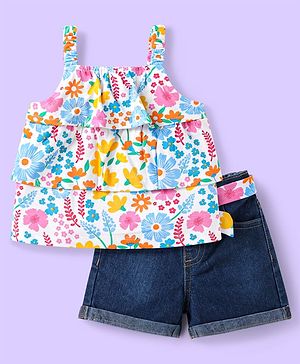 Babyhug Single Jersey Knit Sleeveless Top & Shorts Set with Floral Print - White & Blue
