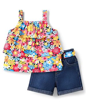 Babyhug Single Jersey Knit Sleeveless Top & Shorts Set with Floral Print - Multicolor