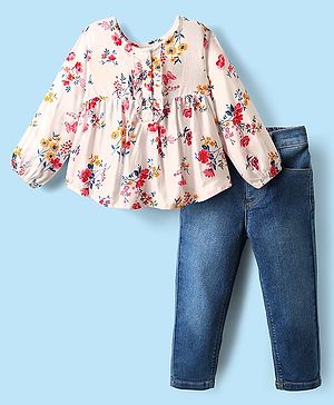 Babyhug Single Jersey Knit Full Sleeves Top & Denim Jeans Set With Floral Print - White & Blue