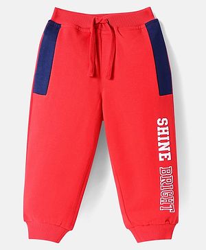 Babyhug Cotton Terry Full Length Jogger Fit Lounge Pant with Ribbed Waist & Shine Bright Print - Red