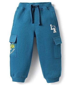 Babyhug Cotton Looper Knit Full Length Lounge Pant With LA Print - Blue