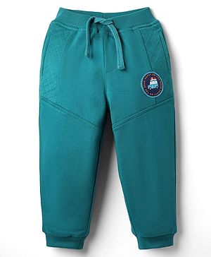 Babyhug Cotton Looper Knit Full Length Cut & Sew Lounge Pant with Patch Detailing - Teal Blue