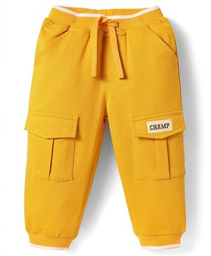Babyhug Cotton Looper Knit Full Length Lounge Pant With Patch Detailing & Cargo Pockets - Yellow