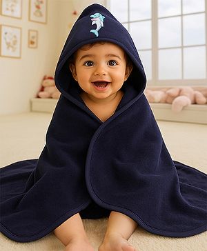 Babyhug Terry Cotton Knit Hooded Towel with Dolphin Patch L 76 x B 76 cm - Navy Blue
