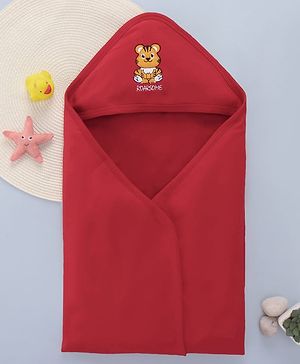 Babyhug Cotton Interlock Knit Hooded Towel with Tiger Print L 76.2 x B 76.2 cm - Red