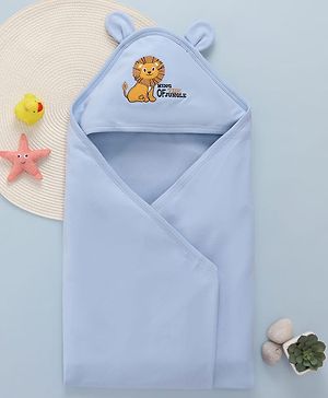 Babyhug Cotton Interlock Knit Hooded Towel with Lion Print L 76.2 x B 76.2 cm - Light Blue