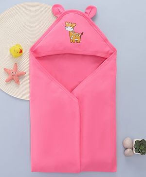 Babyhug Cotton Interlock Knit Hooded Towel with Giraffe Print L 76.2 x B 76.2 cm - Pink