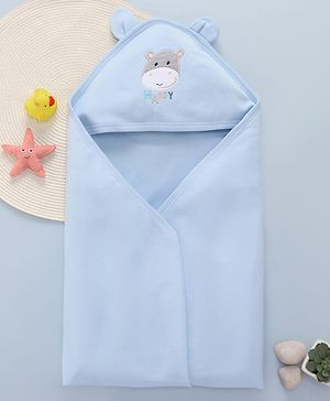 Babyhug Cotton Interlock Knit Hooded Towel with Hippo Print L 76.2 x B 76.2 cm - Light Blue