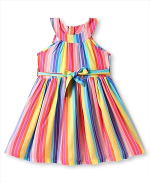 Babyhug Cotton Woven Sleeveless Striped Dress With Bow Applique - Multicolor