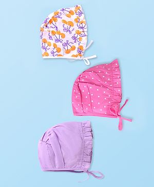 Babyhug 100% Cotton Woven Caps with Cherry & Polka Dots Print Pack of 3 Dark Pink White & Purple - Diameter 15 cm