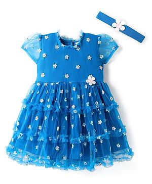Babyhug Cotton Knit Half Sleeves Frock & Headband with Floral Embroidery - Blue