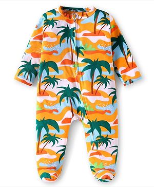 Babyhug Cotton Knit Full Sleeves Footed Sleep Suit With Tropical Print - Multicolor