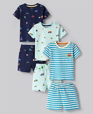 Bonfino 100% Cotton Knit Half Sleeves Shorts Co-ord Night Suit With Stripes & Vehicle Print  Pack Of 3- Blue White & Navy Blue