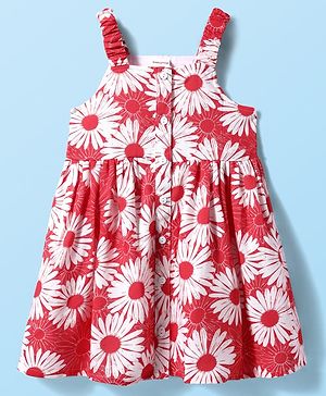 Babyhug Cotton Woven Sleeveless Front Open Frock with Floral Print - Red