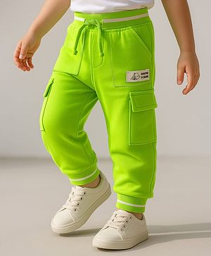 Babyhug Cotton Looper Knit Full Length Solid Lounge Pant With Cargo Pockets - Lime Green