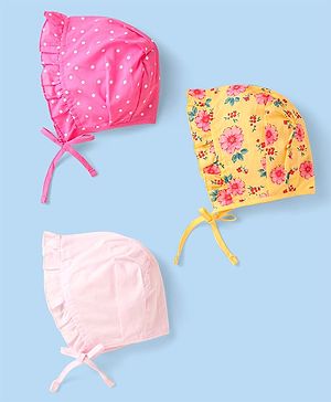 Babyhug Interlock Knit Caps With Polka Dot & Floral Print Pack of 3 - Dark Pink Yellow & Light Pink - Diameter 15cm