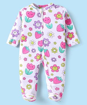 Babyhug Cotton Knit Full Sleeves Footed Sleep Suit With Floral & Fruit Print - White