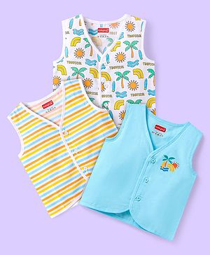 Babyhug Cotton Sleeveless Front Open Jhabla with Stripes & Beach Print Pack of 3 - Light Blue