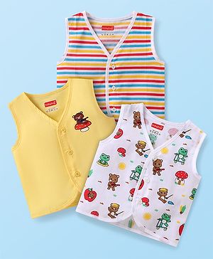 Babyhug 100% Cotton Woven Sleeveless Jhablas with Bear Print & Stripes Pack of 3 - Yellow & White