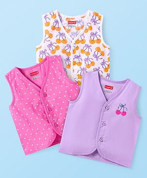 Babyhug Cotton Front Open Jhabla with Polka Dots & Fruits Pack of 3 - Plum