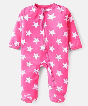Babyhug Cotton Knit Full Sleeves Footed Sleep Suit With Star Print - Dark Pink