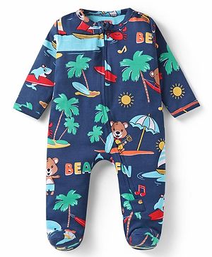 Babyhug Cotton Knit Full Sleeves Footed Sleepsuit with Animal Print - Navy Blue