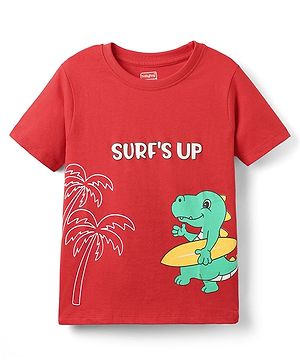 Babyhug Cotton Knit Half Sleeves  T-Shirt with Beach Theme Print - Red