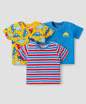 Babyhug Cotton Knit Half Sleeves T-Shirts With Stripes & Vehicle Print Pack Of 3 - Yellow & Blue