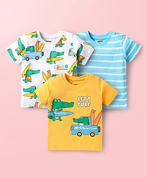 Babyhug Cotton Knit Half Sleeves T-Shirts with Stripes & Animal Print Pack of 3 - Light Blue & Yellow