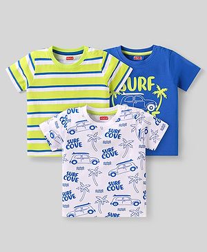 Babyhug Cotton Knit Half Sleeves T-Shirt with Stripes & Beach Theme Print Pack Of 3 - White Blue & Neon Green