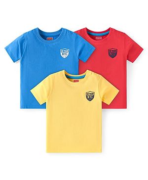 Babyhug Cotton Knit Half Sleeves T-Shirts with Text Print Pack of 3 - Red Blue & Yellow