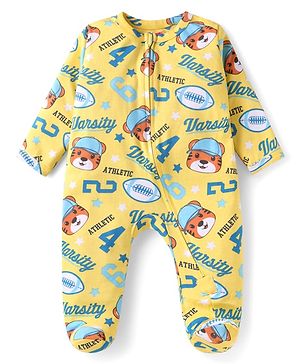 Babyhug Cotton Knit Full Sleeves Footed Sleepsuit with Animal Print - Yellow