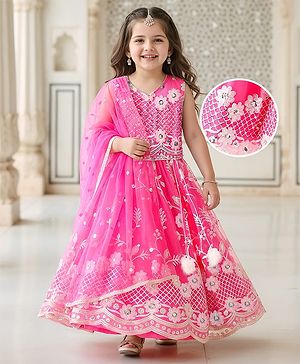 Babyhug Net Sleeveless Floral Sequin Designed Choli & Lehenga with Dupatta Set - Pink