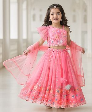 Babyhug Net Woven Off Shoulder Floral Sequenced Embroidered Choli Lehenga Set With and Dupatta - Pink