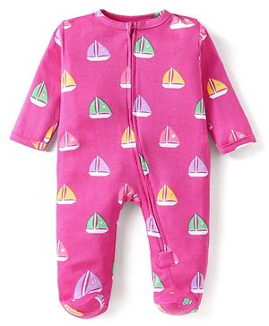 Babyhug Cotton Knit Full Sleeves Footed Sleep Suit With Boat Print - Dark Pink