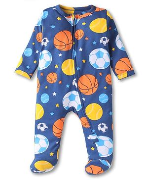 Babyhug Cotton Knit Full Sleeves Footed Sleepsuit with Basket Ball & Star Print - Navy Blue