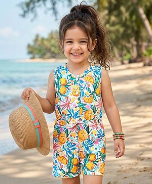 Babyhug Cotton Knit Sleeveless Jumpsuit with Tropical Theme Print - White