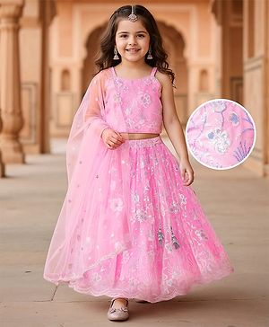 Babyhug Woven Sleeveless Floral Sequenced Embroidered Choli Lehenga Set With Dupatta - Pink
