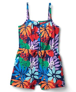 Babyhug Cotton Knit Sleeveless Jumpsuit With Floral Print - Navy Blue