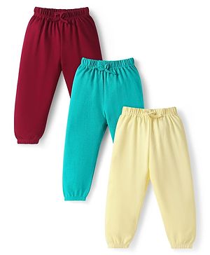 Babyhug Cotton Jersey Knit Full Length Solid Lounge Pants Pack of 3 - Light Yellow Turquoise & Maroon
