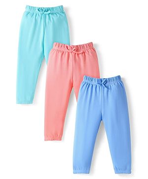 Babyhug Cotton Jersey Knit Full Length Solid Lounge Pants Pack of 3 - Pink Light & Aqua Blue