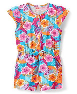 Babyhug Cotton Knit Sleeveless Jumpsuit with Floral Print & Bow Applique - Pink & Orange