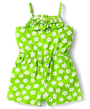 Babyhug Cotton Knit Sleeves Jumpsuit with Floral Print & Bow Applique - Light Green
