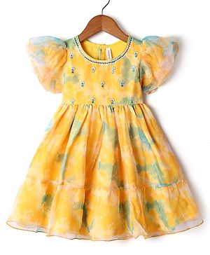 Babyhug Woven Puffed Sleeves Organza Ethnic Dress with Floral Embroidery - Yellow