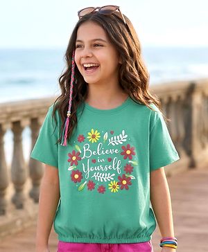 Pine Kids Cotton Knit Half Sleeves T-Shirt with Believe in Yourself Text Print - Mint