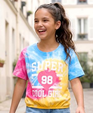 Pine Kids Cotton Knit Half Sleeves Tie & Dye T-Shirt with Text Print - Yellow Pink & Blue