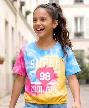 Pine Kids Cotton Knit Half Sleeves
                              Tie & Dye T-Shirt with Text Print -
                              Yellow Pink & Blue