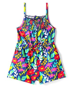 Babyhug Cotton Knit Singlet Sleeves Jumpsuit With Floral Print - Navy Blue