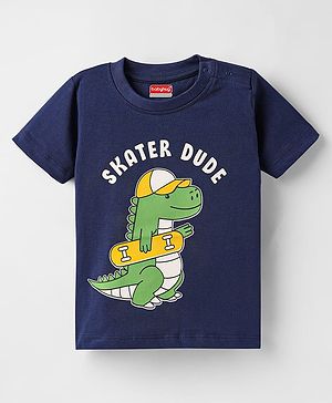 Babyhug Cotton Knit Half Sleeves T-Shirt with Dino Print - Navy Blue